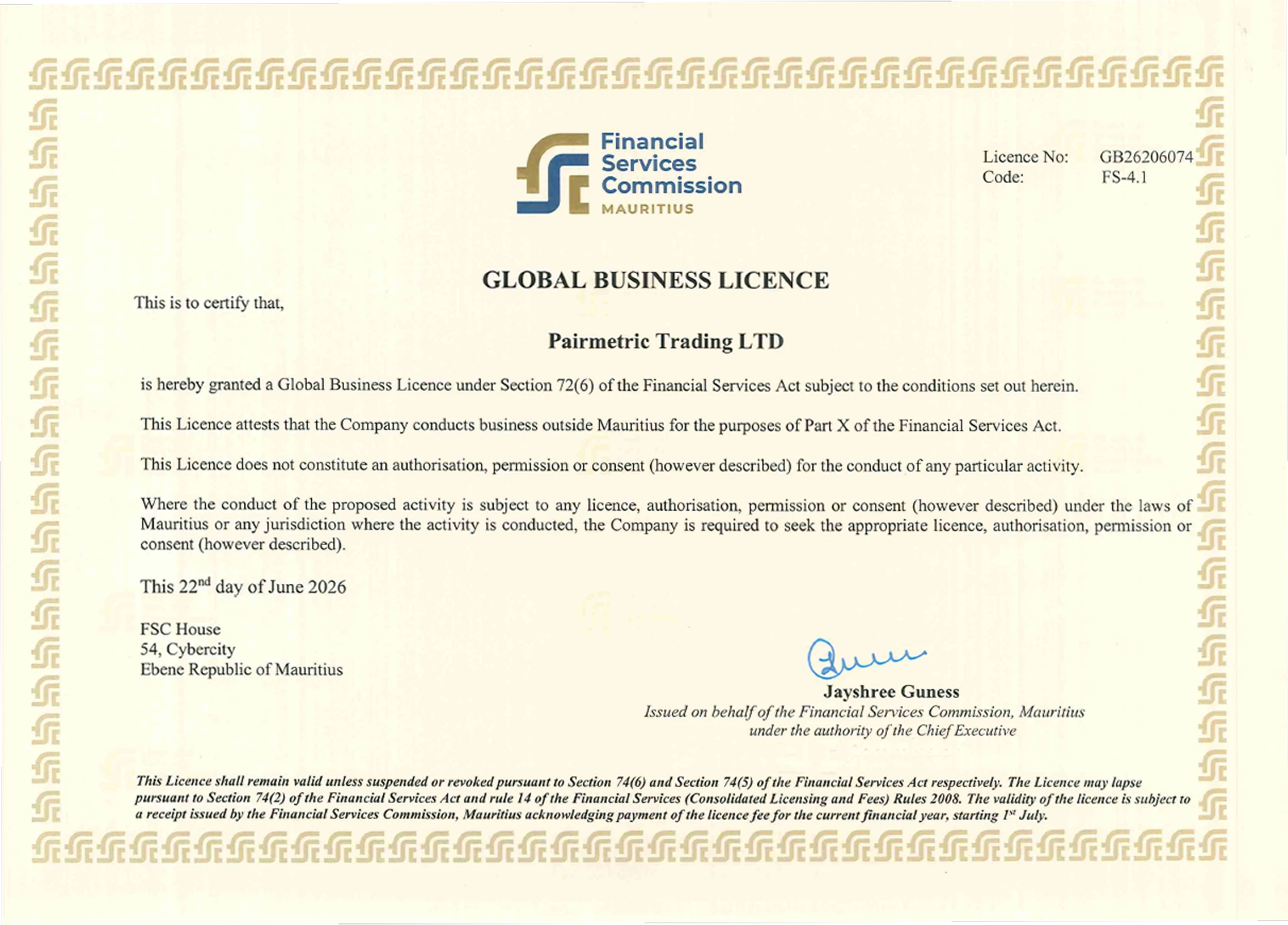 Pairmetric FSC Mauritius regulatory licence